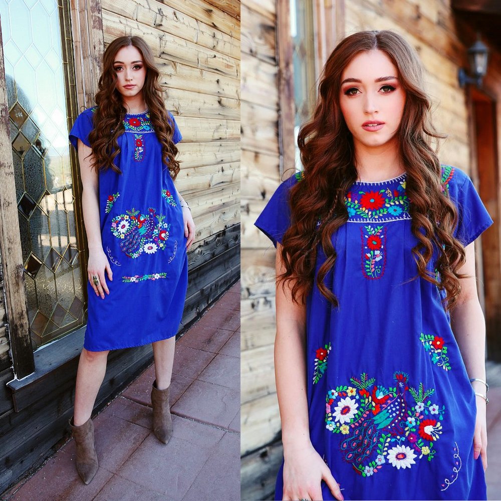 1970s Dark Blue Mexican Floral Embroidered Dress